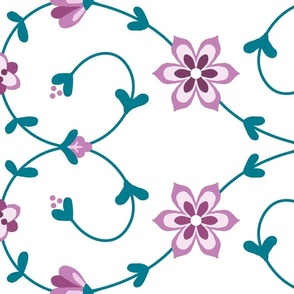 Floral Vines on White with Benjamin Moore Paint Colors: Lilac Pink and Caribbean Blue Water - Medium