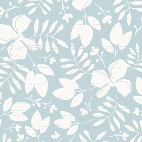 Large Scattered and Textured Tropical Blossoms and Leaves in cream on light denim blue