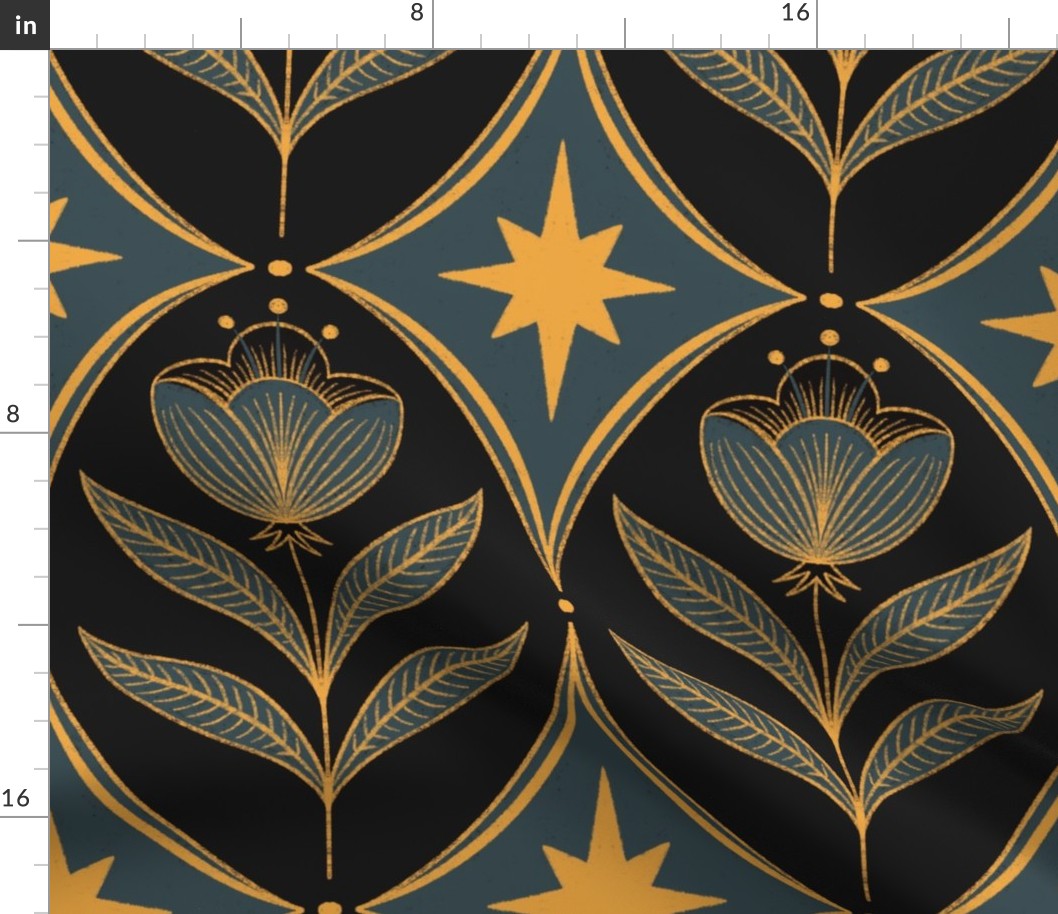 Vintage Tulips - Black, Blue and Gold Glamour