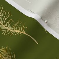 Golden Peacock Feathers on Olive Green