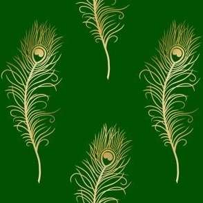 Golden Peacock Feathers on Emerald Green