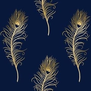 Golden Peacock Feathers on Navy Blue