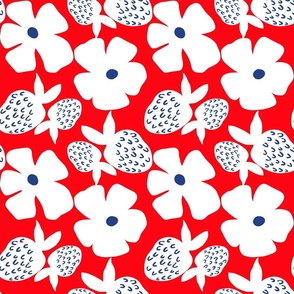 Big Poppy Strawberry Red White Blue Flower And Fruit Mini Silhouettte Cheerful Bright Mid-Century Modern Retro Scandi Swedish Cherry Summer Garden Party Pool And Patio Repeat Minimalist Nature Wildflower Cosmos Ditzy Floral Meadow Pattern