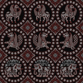 Animals in Roundels, dark rust-red and light grey on black