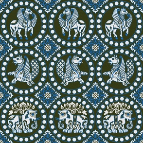 Animals in Roundels, bright blue and silver on dark olive green