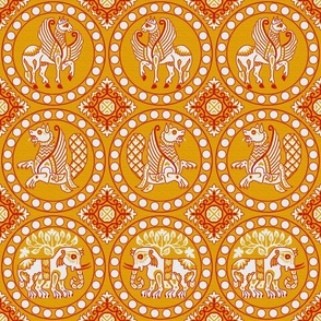 Animals in Roundels, bright red and silver on saffron