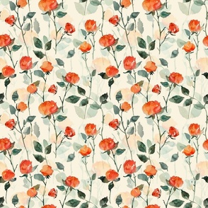 Watercolor Orange Roses with Green Leaves on Light Background