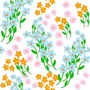 Collegiate Flowers Swirl Pastel Pink, Citrus Orange And Baby Blue Ditzy Garden On White Big 90’s Retro Modern Scandi Swedish Cheerful Cottagecore Summer Coastal Granny Grandmillennial Dorm Colorful Tulips Phlox Country Meadow Floral Repeat Pattern 