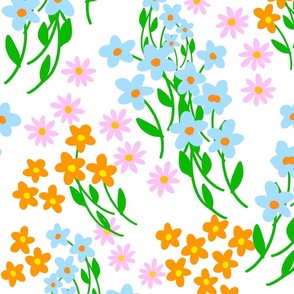 Collegiate Flowers Swirl Big Pastel Pink, Citrus Orange And Baby Blue Ditzy Garden On White Big 90’s Retro Modern Scandi Swedish Cheerful Cottagecore Summer Coastal Granny Grandmillennial Dorm Colorful Tulips Phlox Country Meadow Floral Repeat Pattern 
