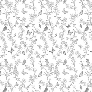 Butterfly and  Orchid Garden Toile De Jouy - Monochrome Crisp White and Soft Gray - small