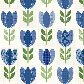 Blue Tulip on Patchwork Cream Background Vertical Print