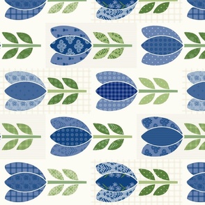 Blue Tulip on Patchwork Cream Background Horizontal Print