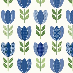 Blue Tulip Patchwork on Solid Cream Background Vertical Print