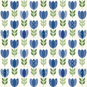 Small Scale Blue Tulip on Patchwork cream background