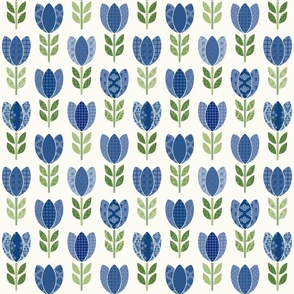 Small Scale Blue Tulip Patchwork on Solid cream background