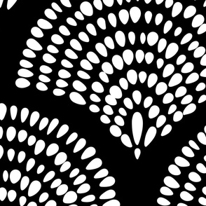 boho brush stroke scallop - white hand made dots on black - boho fan black wallpaper