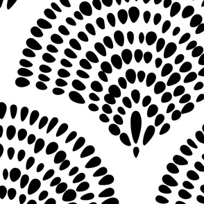 boho brush stroke scallop - black hand made dots on white - boho fan black wallpaper