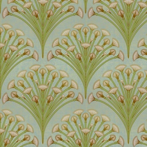 Art Deco Floral Bouquet // Green, White, and Gold on Light Blue