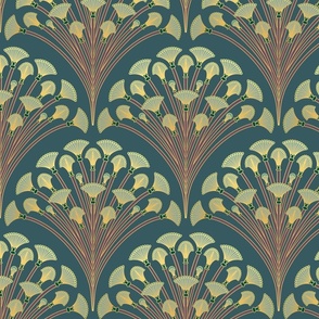 Art Deco Floral Bouquet // Maroon, Light Blue, and Gold on Dark Teal 