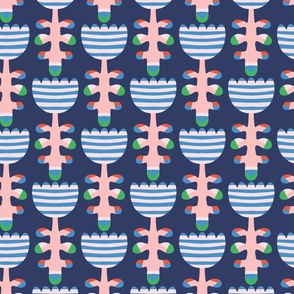 Small - Navy with pink and blue happy striped tulips, Scandinavian style flowers 