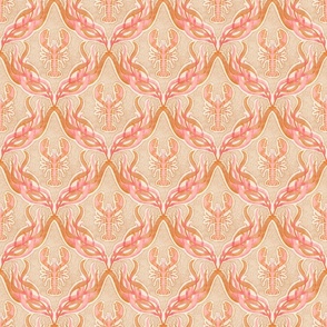 Underwater Habitat- Lobster Seaweed Damask- Nautical Crustacean Summer- Pink Orange- Small Scale