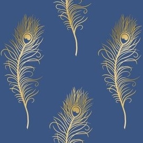 Golden Peacock Feathers on Denim Blue