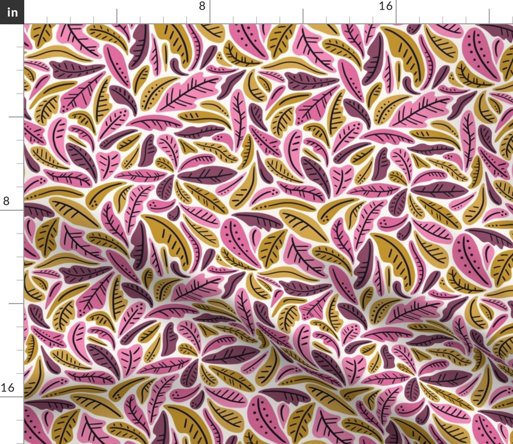 Graphic tropical leaves and lines - jungle abstract leaves - pink, yellow and purple