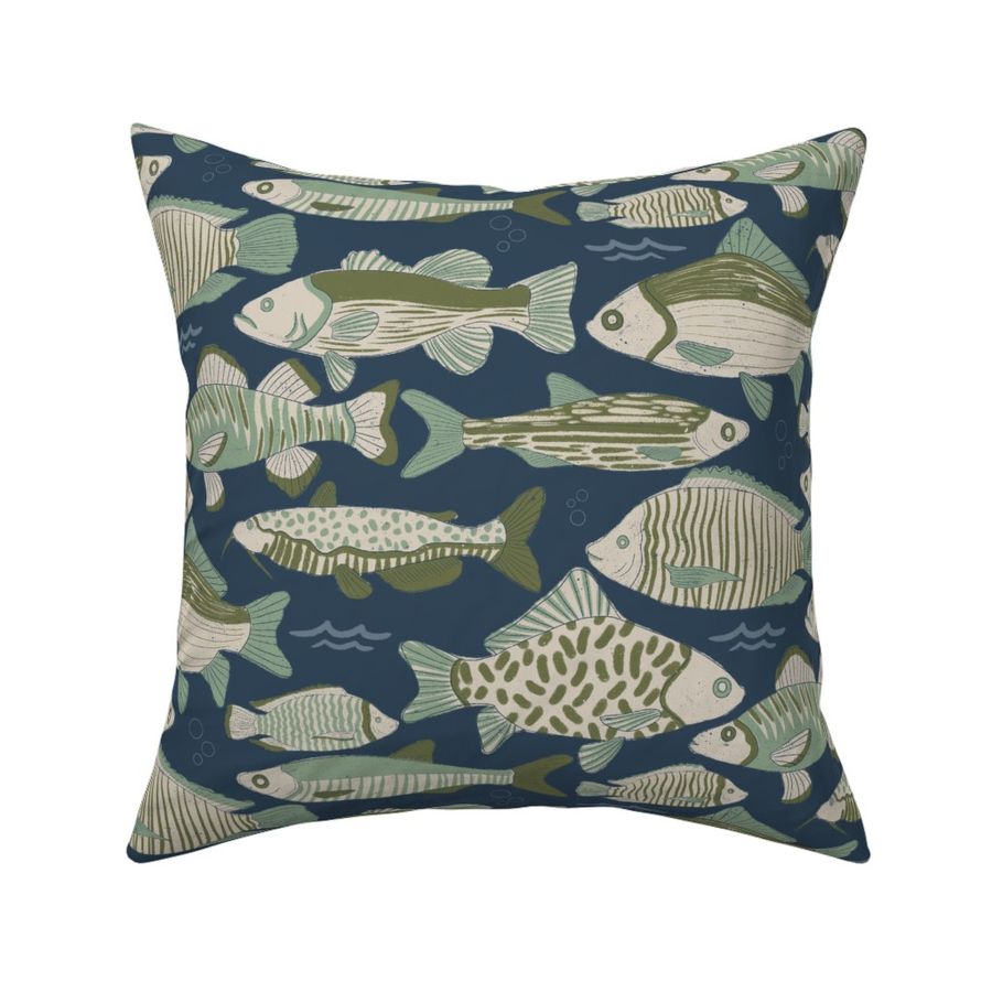 hand drawn lake fish navy blue & olive green coastal nautical charm LARGE