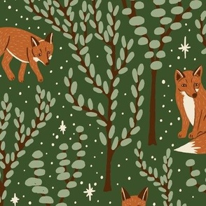 (L) Winter Woodland Foxes - hand-drawn foxes in forest trees with stars and snow - gingerbread and sage on green