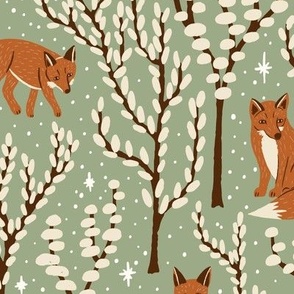 (L) Winter Woodland Foxes - hand-drawn foxes in forest trees with stars and snow - gingerbread and cream on sage green