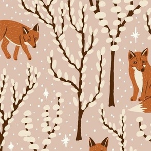 (L) Winter Woodland Foxes - hand-drawn foxes in forest trees with stars and snow - gingerbread and cream on caramel taupe