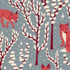 (L) Winter Woodland Foxes - hand-drawn foxes in forest trees with stars and snow - pink and cream on smokey blue