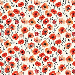 Bright Red and Orange Watercolor Poppies on Cream Background