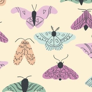 Moths in pastel colors on creamy yellow background (M)