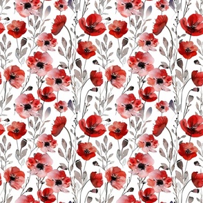 Delicate Red and Pink Watercolor Poppies with Gray Leaves on White Background