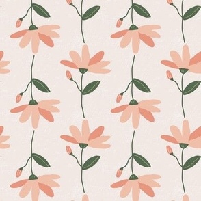 Medium / Hand Drawn Flowers in Peach with Green Stems and Leaves on Textured Backdrop