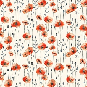 Delicate Orange Watercolor Poppies with Gray Stems on Cream Background