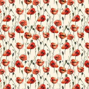 Rustic Orange and Red Watercolor Poppies with Green Buds on Cream Background