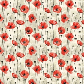 Red Watercolor Poppies with Black Centers and Buds on Beige Background