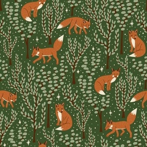 (S) Winter Woodland Foxes - hand-drawn foxes in forest trees with stars and snow - gingerbread and sage on green