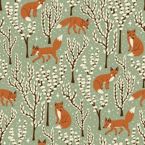 (S) Winter Woodland Foxes - hand-drawn foxes in forest trees with stars and snow - gingerbread and cream on sage green