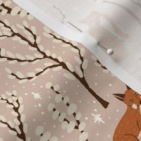 (S) Winter Woodland Foxes - hand-drawn foxes in forest trees with stars and snow - gingerbread and cream on caramel taupe