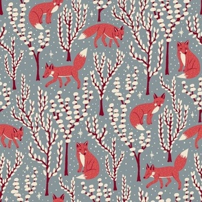 (S) Winter Woodland Foxes - hand-drawn foxes in forest trees with stars and snow - pink and cream on smokey blue