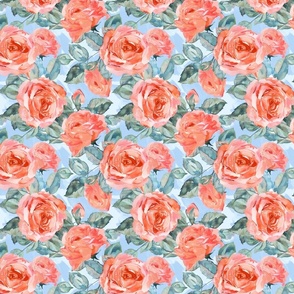 Peach Watercolor Roses with Green Leaves on Light Blue Background