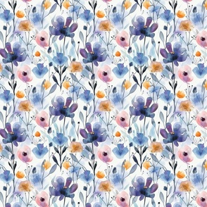 Pastel Watercolor Flowers in Blue, Pink, and Yellow on White Background