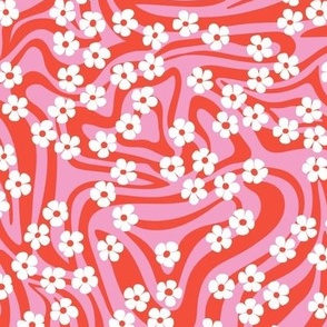 Vintage bright abstract organic shapes and retro ditsy flower power zebra style cool boho design vintage in pink red white