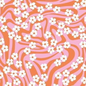 Vintage bright abstract organic shapes and retro ditsy flower power zebra style cool boho design vintage in pink orange white