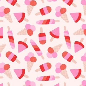 Ice-Cream cones popsicles and lollipop summer designs retro nineties style snacks girls palette pink red on ivory