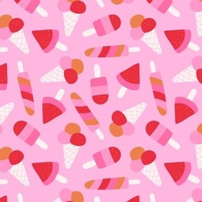 Ice-Cream cones popsicles and lollipop summer designs retro nineties style snacks girls palette orange red on pink