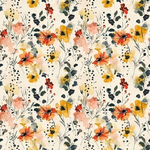 Whimsical Watercolor Flowers in Yellow, Orange, and Red on Cream Background